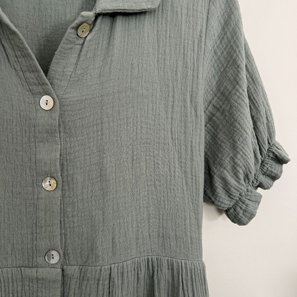 Roolee Sage Cotton Gauze Midi Dress with Functional Buttons & Collar - size S - Picture 2 of 8